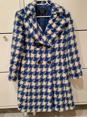 Blue & Cream Houndstooth Double-Breasted Pea Coat